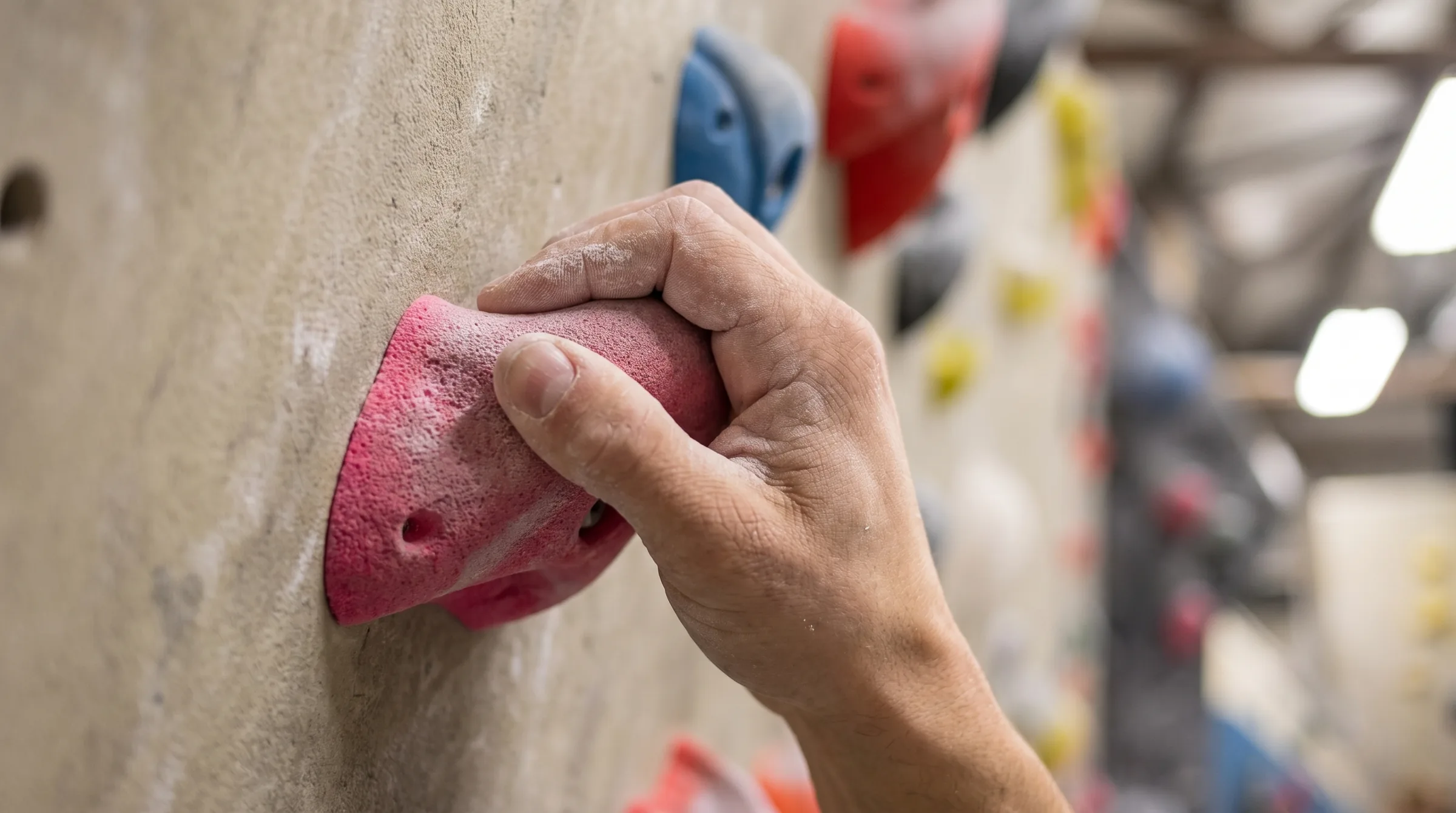 Una mano chiusa su una presa di una parete da arrampicata indoor